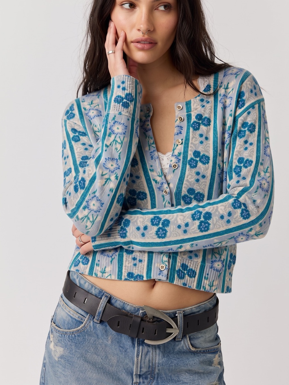 Free People Nocturnal Cashmere Cardi Cardigan Sweater Cottage Blue Floral XL - Picture 5 of 15